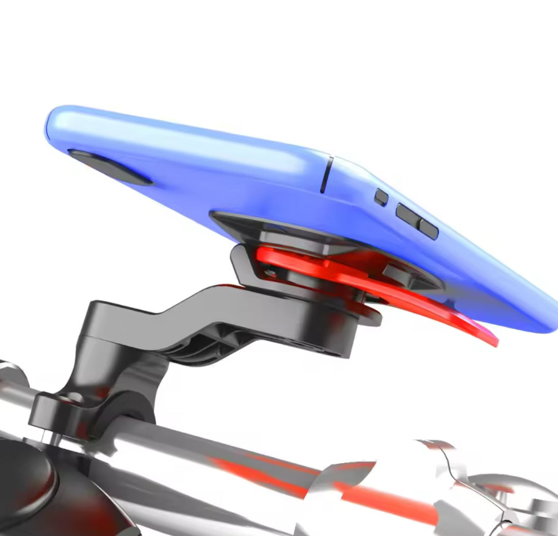 Problems Solved motorcycle bike phone holder stand with adjustable support, securely holding a smartphone on a bike handlebar.