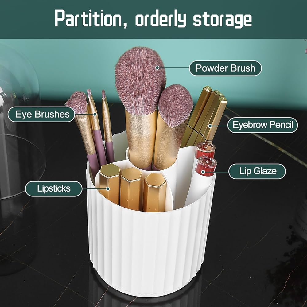 Makeup Brush Holder with Lid, 360 Degree Makeup Brush Organizer Rotating