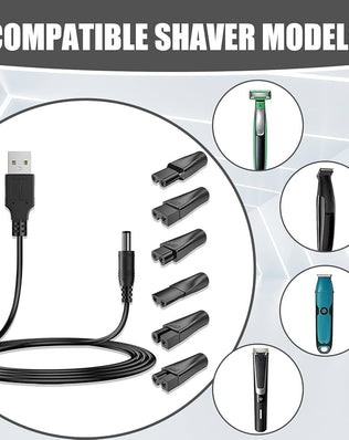 Problems Solved electric shaver charger kit with universal USB replacement cable, includes seven-piece charging accessory set.
