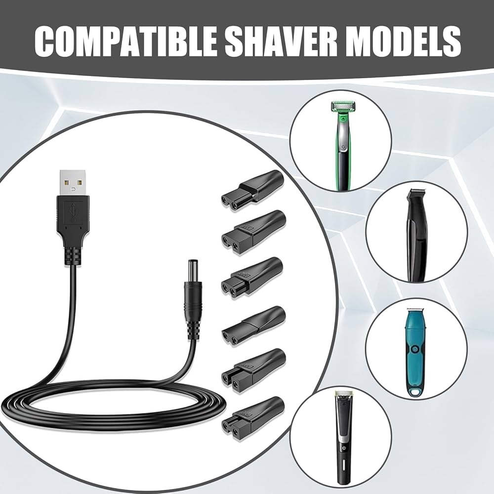 Problems Solved electric shaver charger kit with universal USB replacement cable, includes seven-piece charging accessory set.