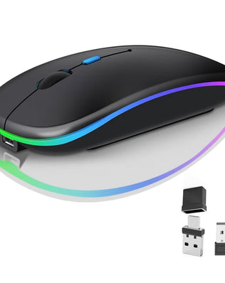 Wireless Bluetooth computer mouse by Problems Solved, rechargeable with 2.4GHz connectivity, shown on a laptop.