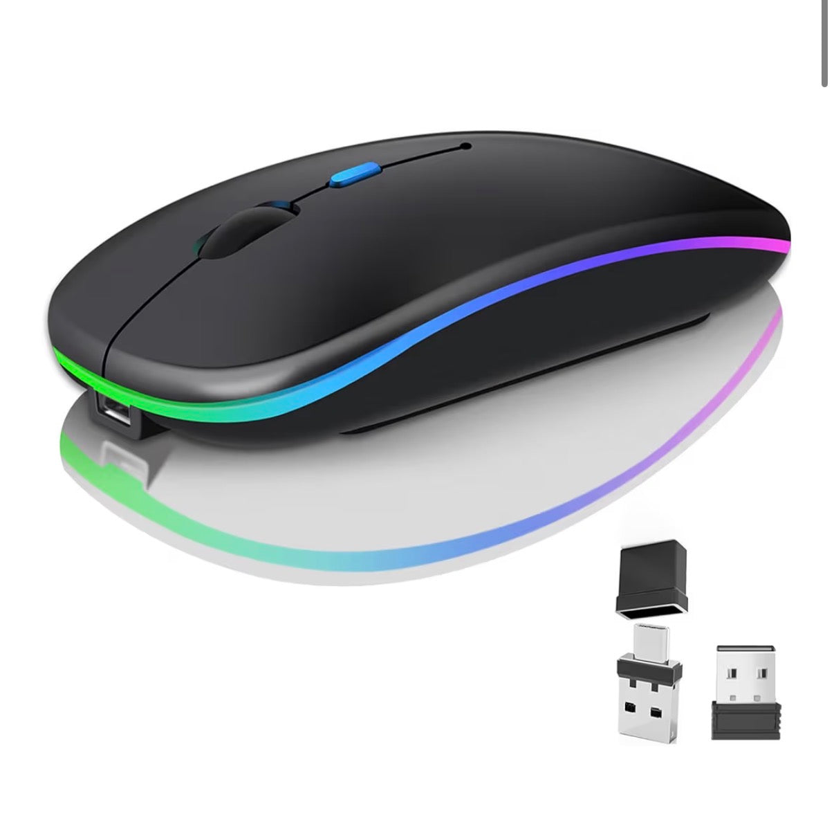 Wireless Bluetooth computer mouse by Problems Solved, rechargeable with 2.4GHz connectivity, shown on a laptop.
