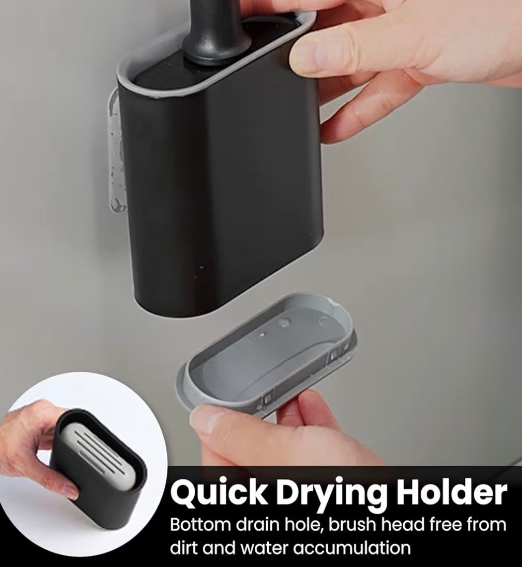Problems Solved silicone flex toilet brush and wall-mounted holder set for deep cleaning, featuring flexible brush head and sleek design.