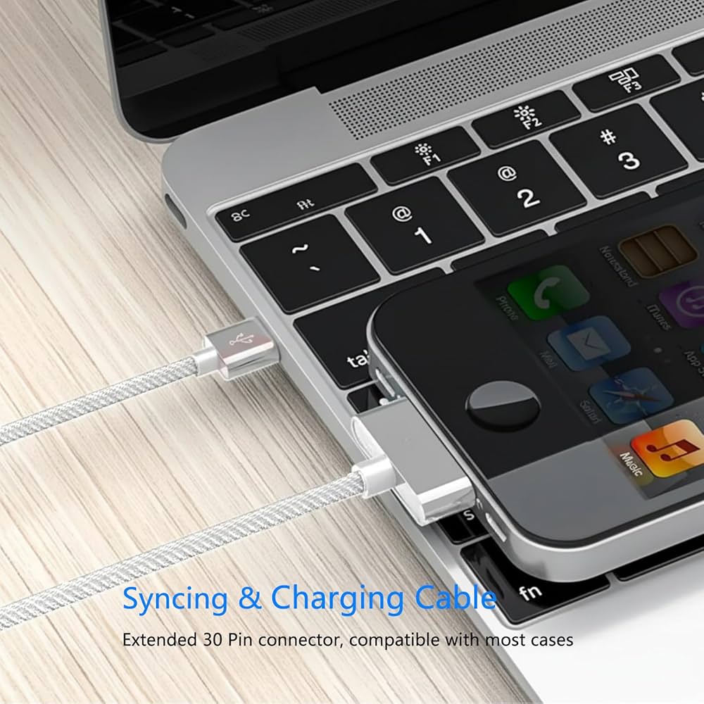 Problems Solved iPhone braided USB charging and data cable, 1 meter silver charger lead with durable design for sync and charging.