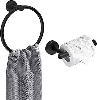 Towel Ring, Wall Mounted Toilet Paper Holder, 2 Pieces Classic Matte Black