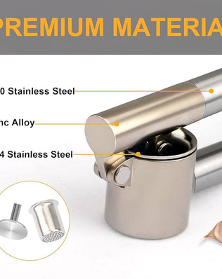 Problems Solved stainless steel garlic press with ergonomic handle, showcasing its durable 304 stainless steel construction and compact design.