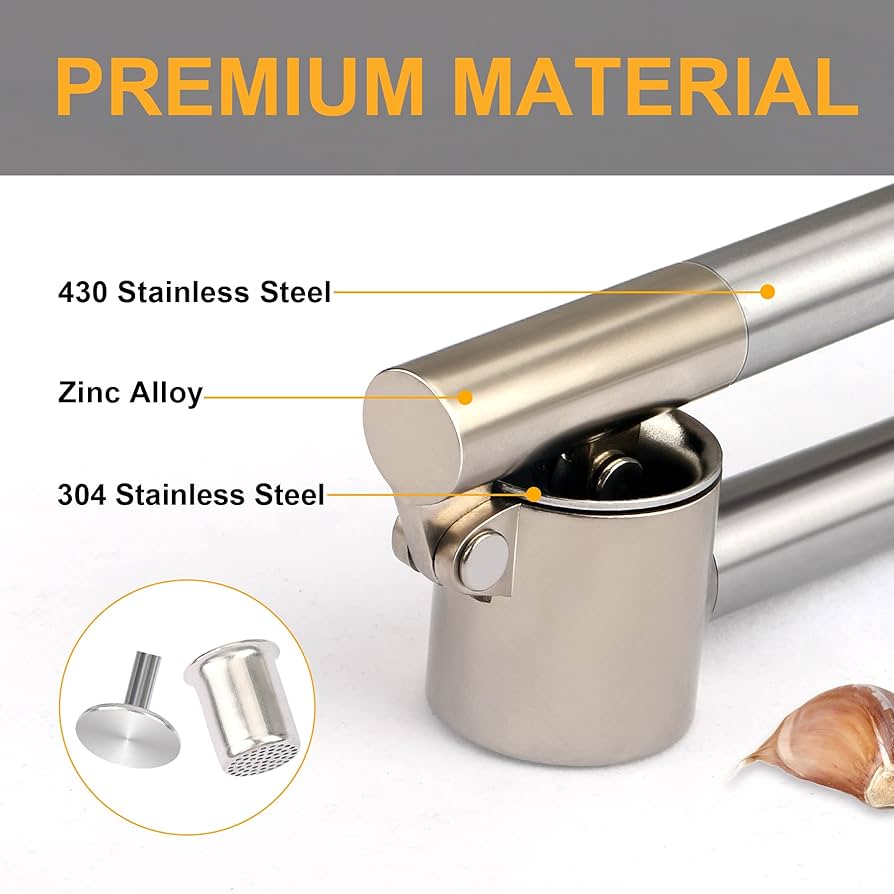 Problems Solved stainless steel garlic press with ergonomic handle, showcasing its durable 304 stainless steel construction and compact design.