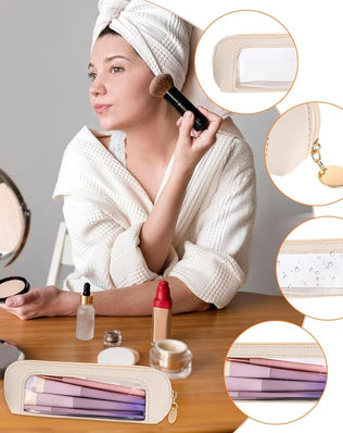 Small clear leather travel makeup bag with transparent design, featuring compartments for brushes and cosmetics by Problems Solved