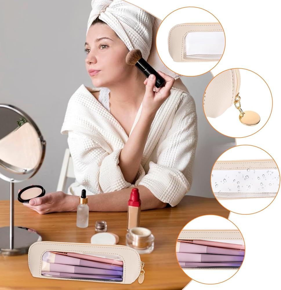 Small clear leather travel makeup bag with transparent design, featuring compartments for brushes and cosmetics by Problems Solved