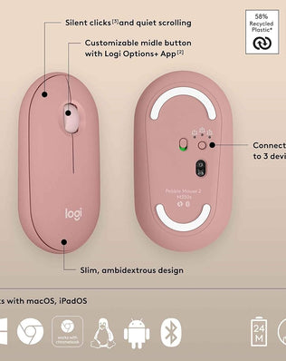 Logitech Pebble 2 M350s wireless Bluetooth mouse by Problems Solved, slim, portable, lightweight with ergonomic design.