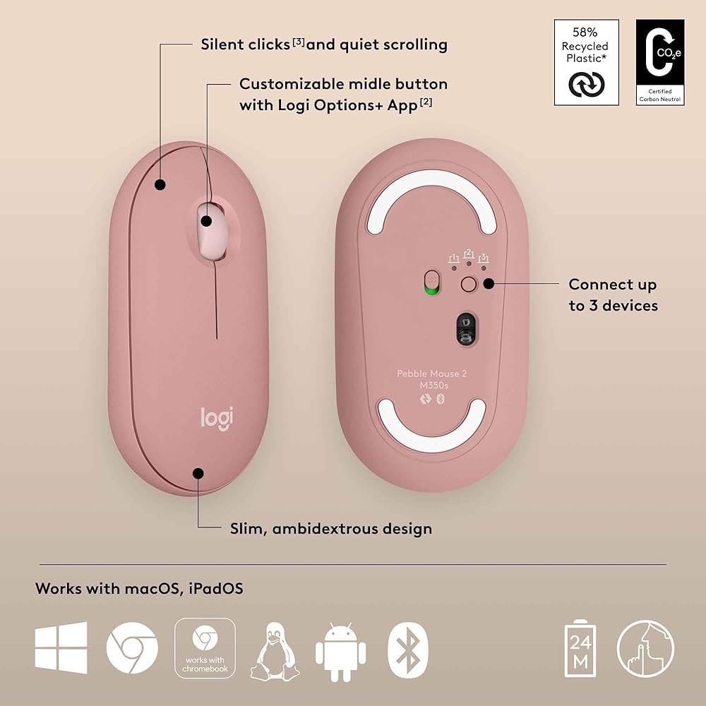 Logitech Pebble 2 M350s wireless Bluetooth mouse by Problems Solved, slim, portable, lightweight with ergonomic design.