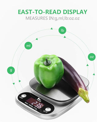 Problems Solved digital kitchen weighing scale with LCD display, showing 22lb/10kg capacity and electronic food measurement features.