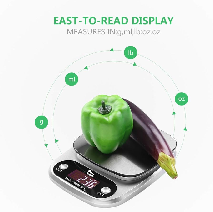 Problems Solved digital kitchen weighing scale with LCD display, showing 22lb/10kg capacity and electronic food measurement features.