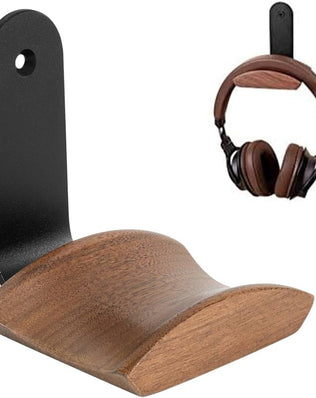 Problems Solved walnut headset holder with 6cm wide headrest, headphone stand featuring 3M tape and screw for secure mounting.