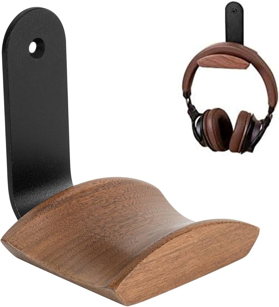 Problems Solved walnut headset holder with 6cm wide headrest, headphone stand featuring 3M tape and screw for secure mounting.