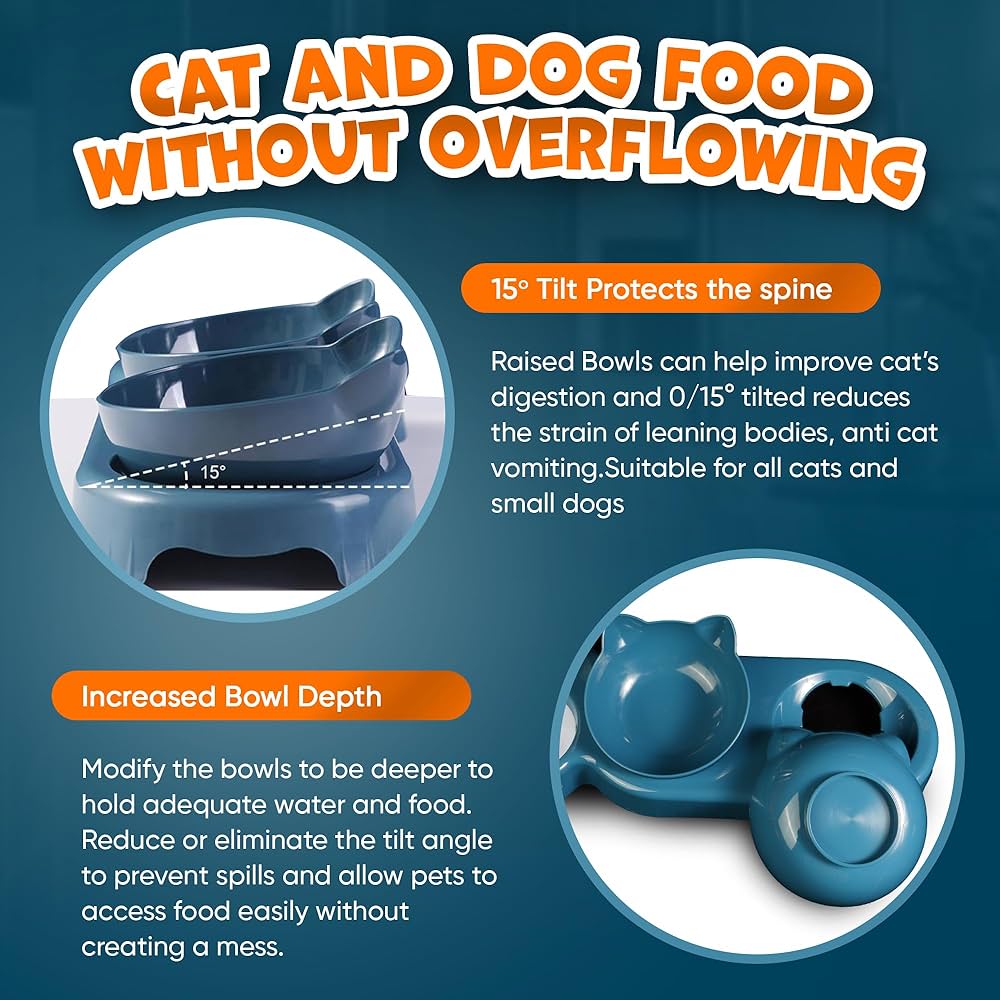Problems Solved 3-in-1 cat food and water bowl set with waterproof mat, featuring raised, tilted bowls for easy feeding and drinking.