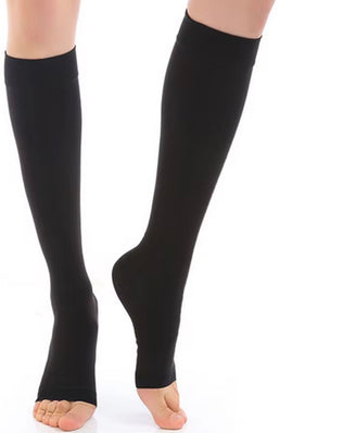 Open toe medical compression socks for men and women by Problems Solved, 20-30mmHg Class 2, showing breathable fabric and supportive design.