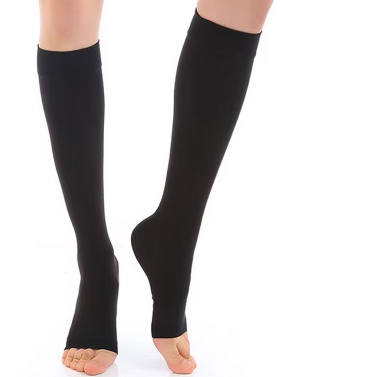 Open toe medical compression socks for men and women by Problems Solved, 20-30mmHg Class 2, showing breathable fabric and supportive design.