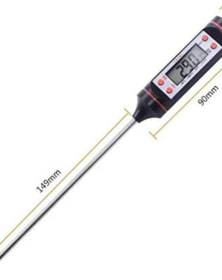 Problems Solved digital thermometer for candle making, meat, and BBQ grilling with LCD display on a sleek black device.