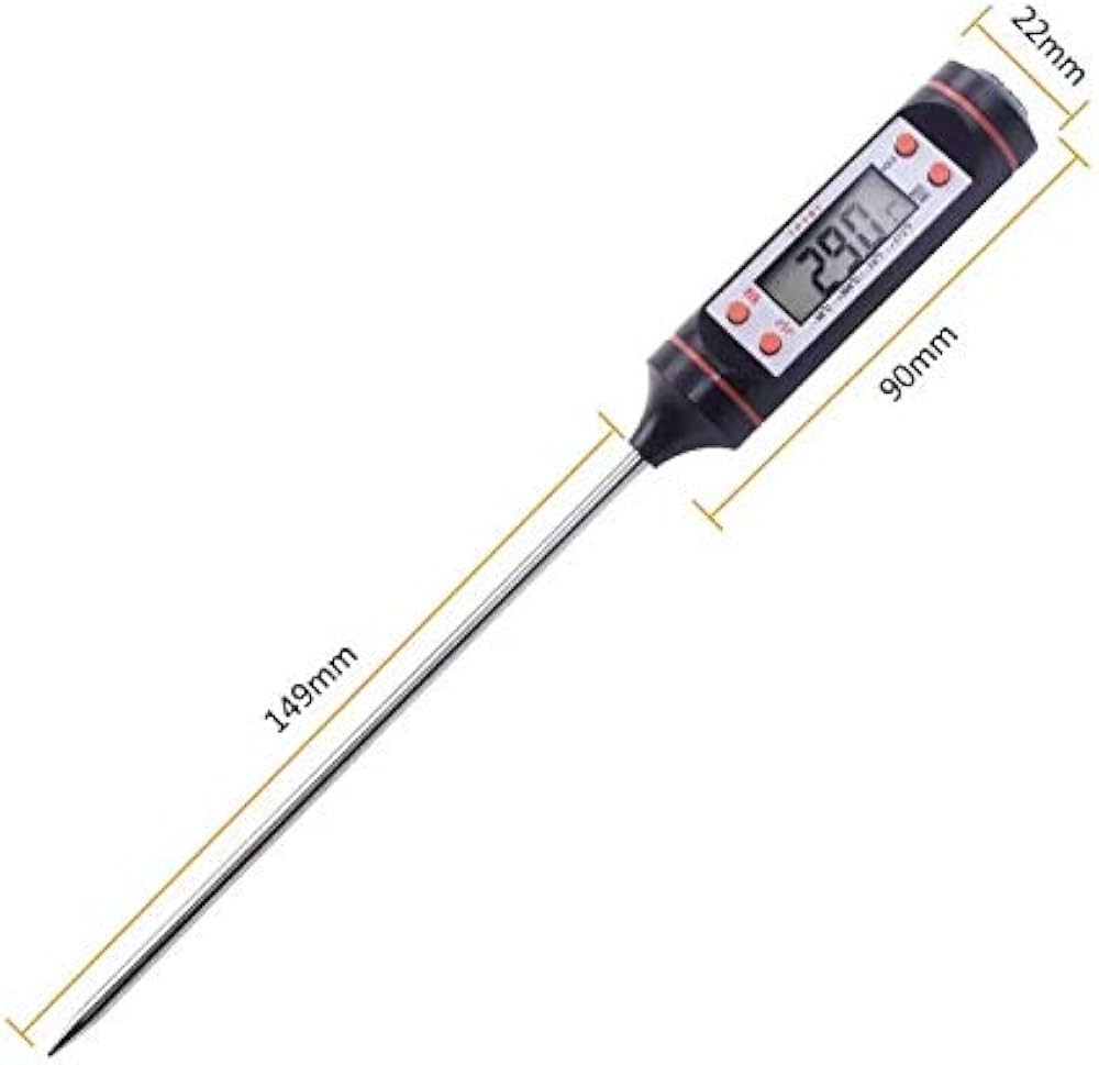 Problems Solved digital thermometer for candle making, meat, and BBQ grilling with LCD display on a sleek black device.