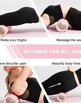 Pink Problems Solved Pilates foam roller with yoga column and fascia roller for muscle relief and flexibility exercises.