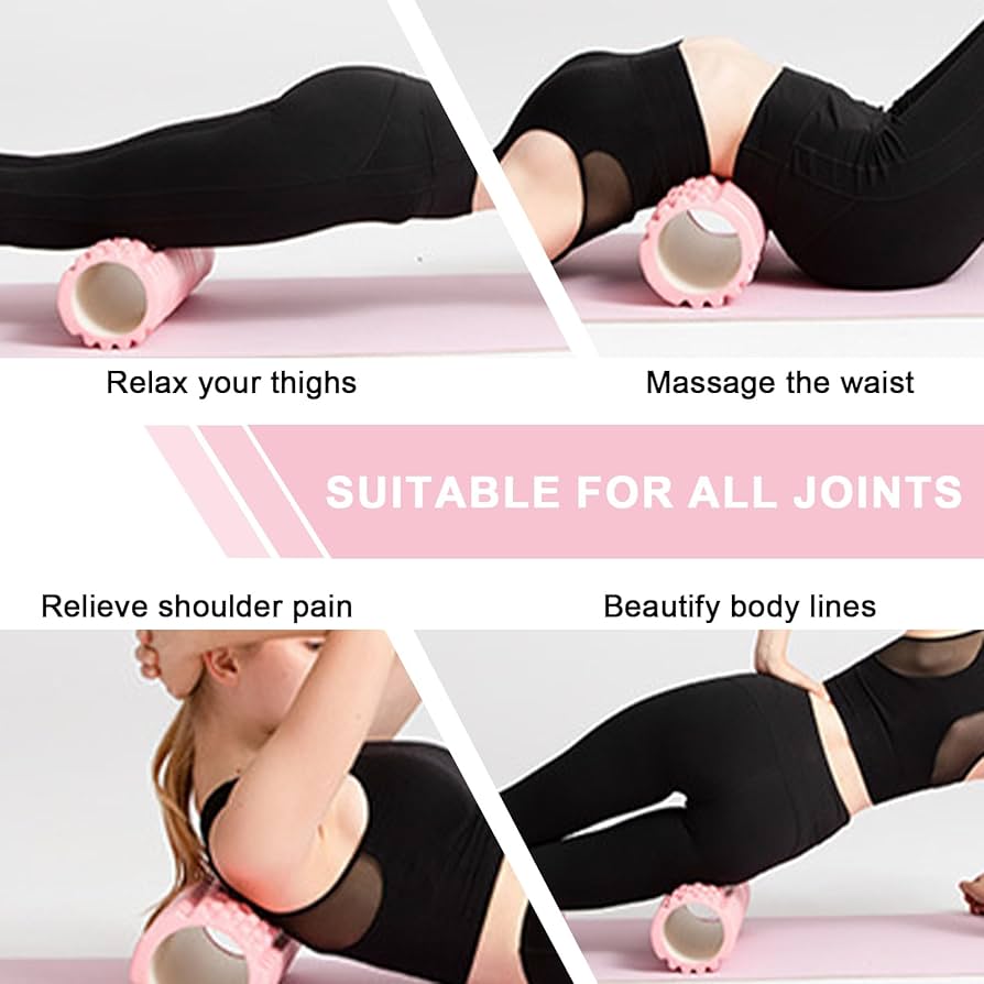 Pink Problems Solved Pilates foam roller with yoga column and fascia roller for muscle relief and flexibility exercises.
