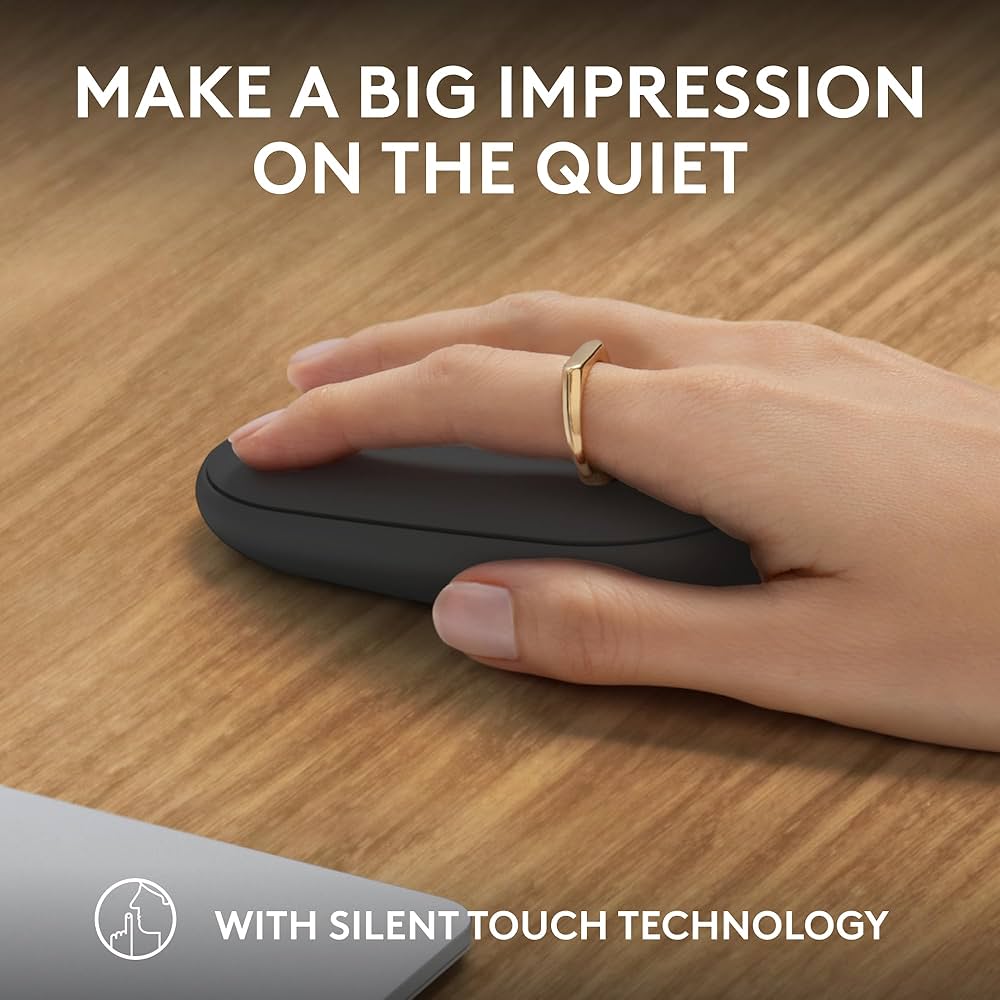 Logitech Pebble 2 M350s wireless Bluetooth mouse, slim and portable with a sleek black design, lightweight for easy travel.