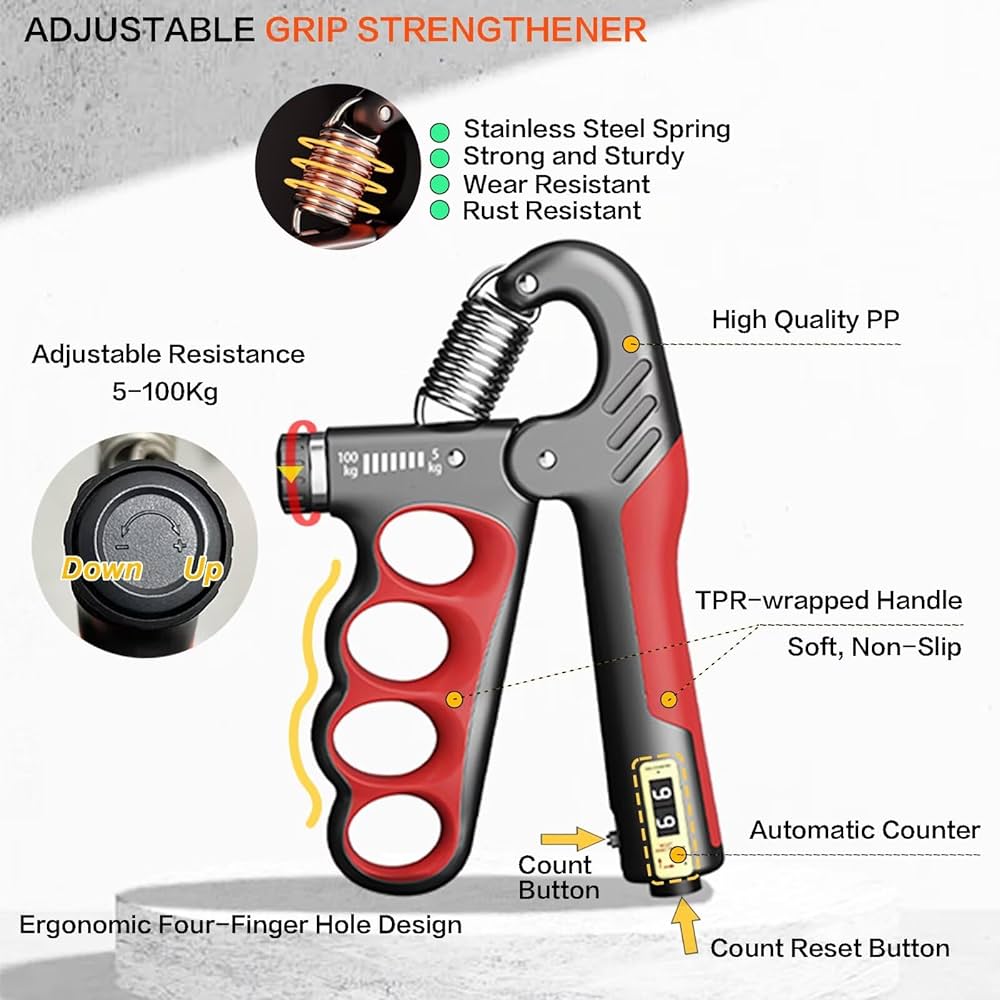 Problems Solved hand grip strengthener with automatic counter, compact grip trainer for improving hand and finger strength.