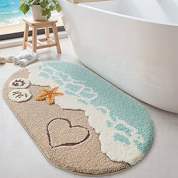 Problems Solved oval bath mat 61x110 cm with cute pattern, non-slip, absorbent, washable soft bathmat on a bathroom floor.
