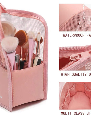 Problems Solved multifunctional makeup brush organizer bag with half-clear design, open to reveal various makeup brushes inside.