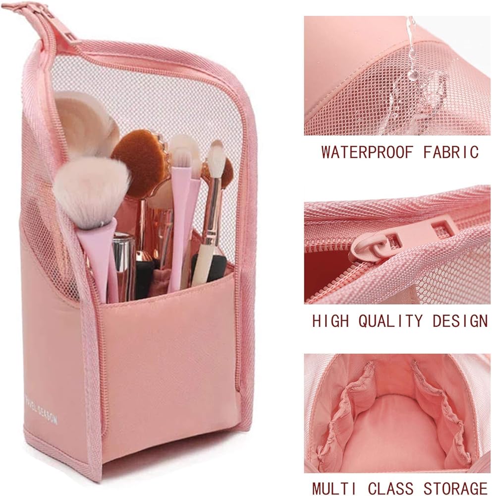 Problems Solved multifunctional makeup brush organizer bag with half-clear design, open to reveal various makeup brushes inside.