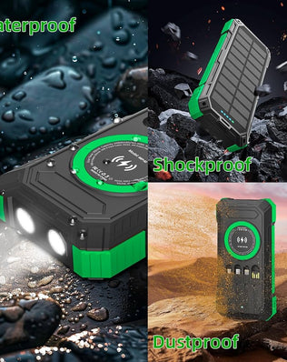 Problems Solved solar power bank with dual USB ports, LED flashlight, and built-in compass for outdoor charging and navigation.