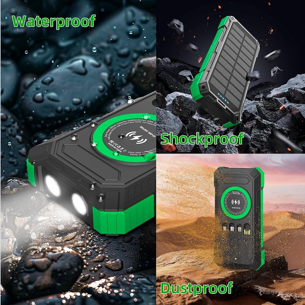 Problems Solved solar power bank with dual USB ports, LED flashlight, and built-in compass for outdoor charging and navigation.
