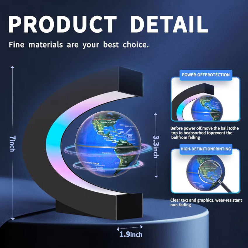 Levitating floating globe with LED lights, a cool tech gadget by Problems Solved, showcasing a spherical globe suspended with glowing illumination.