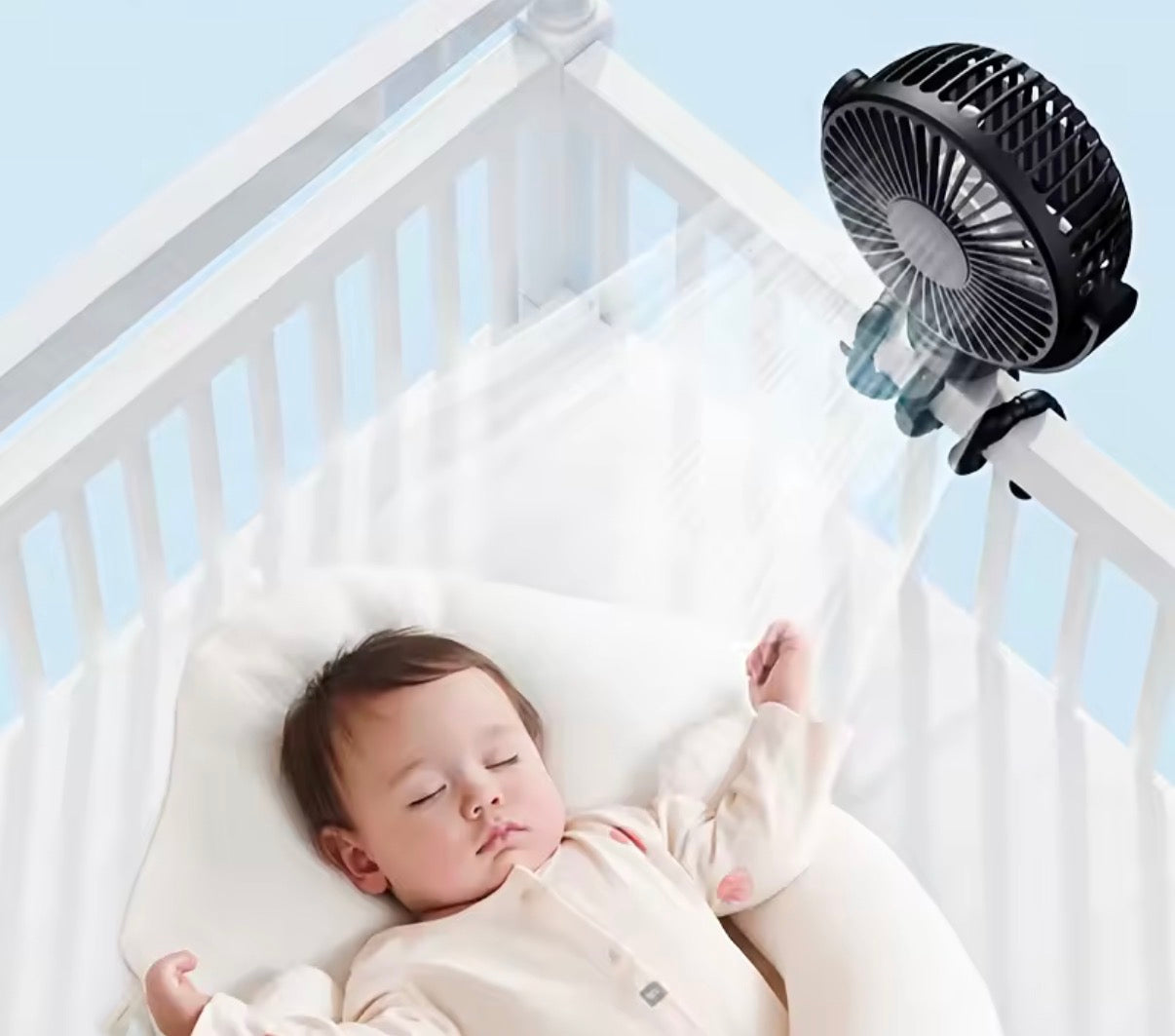 Mini Portable Pram Fan by Problems Solved, rechargeable clip-on stroller fan with detachable blades for cooling on the go.