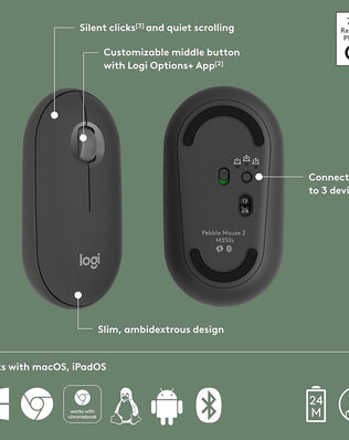 Logitech Pebble 2 M350s wireless Bluetooth mouse by Problems Solved, slim, portable, lightweight computer accessory on a desk.