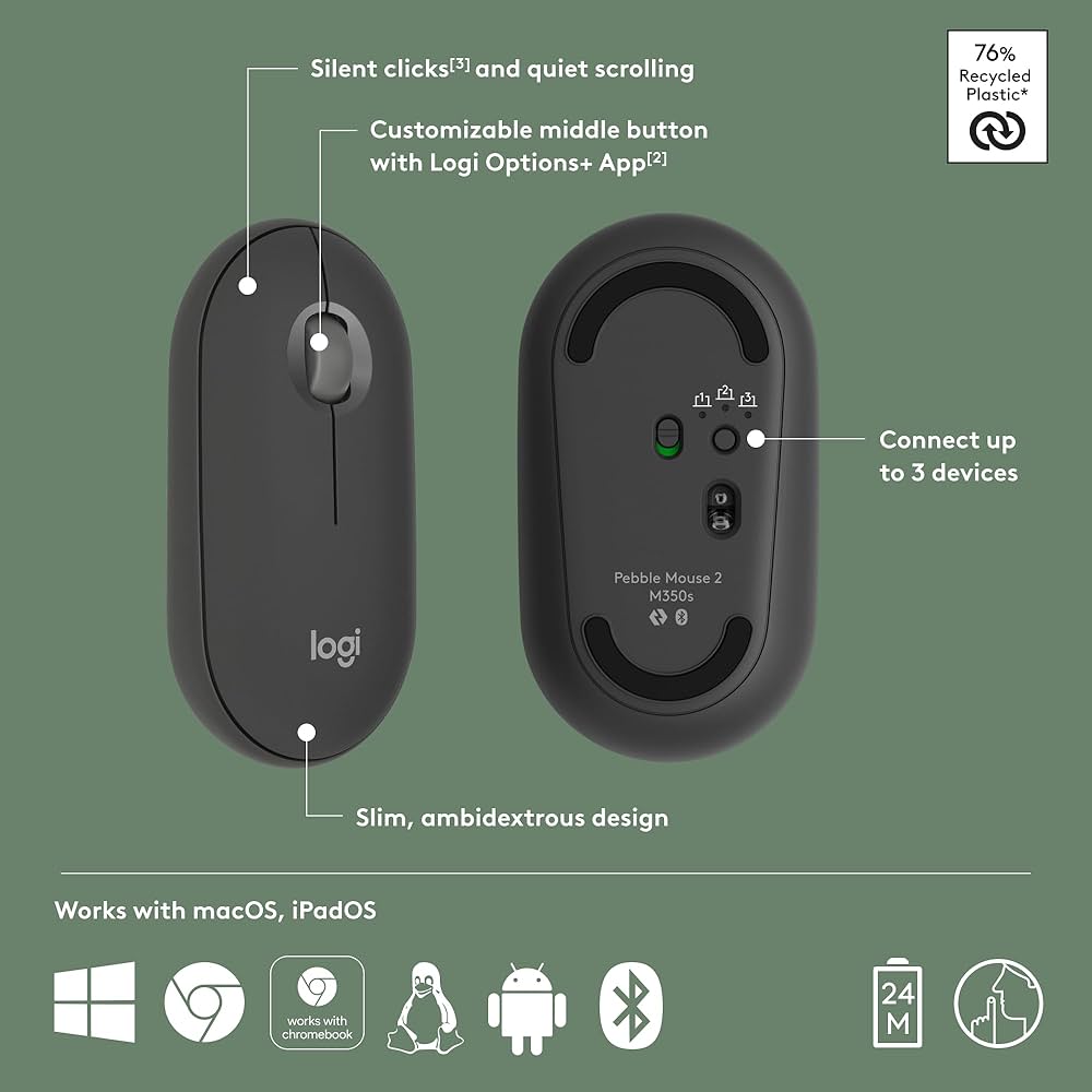 Logitech Pebble 2 M350s wireless Bluetooth mouse by Problems Solved, slim, portable, lightweight computer accessory on a desk.
