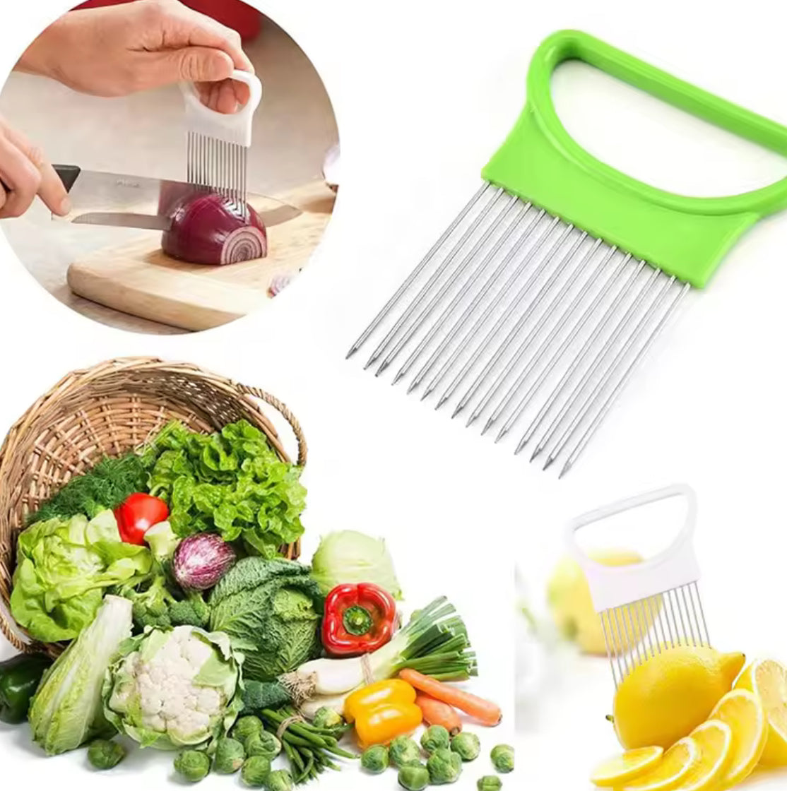 Stainless Steel Onion Slicer & Vegetable Holder - Problems Solved