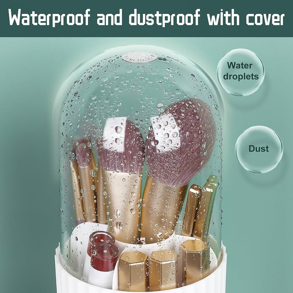 Makeup Brush Holder with Lid, 360 Degree Makeup Brush Organizer Rotating