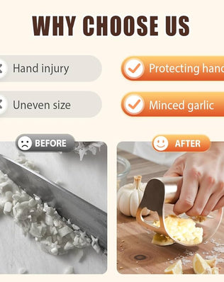Problems Solved stainless steel garlic press rocker with ergonomic handle, designed for effortless mincing and crushing garlic cloves.