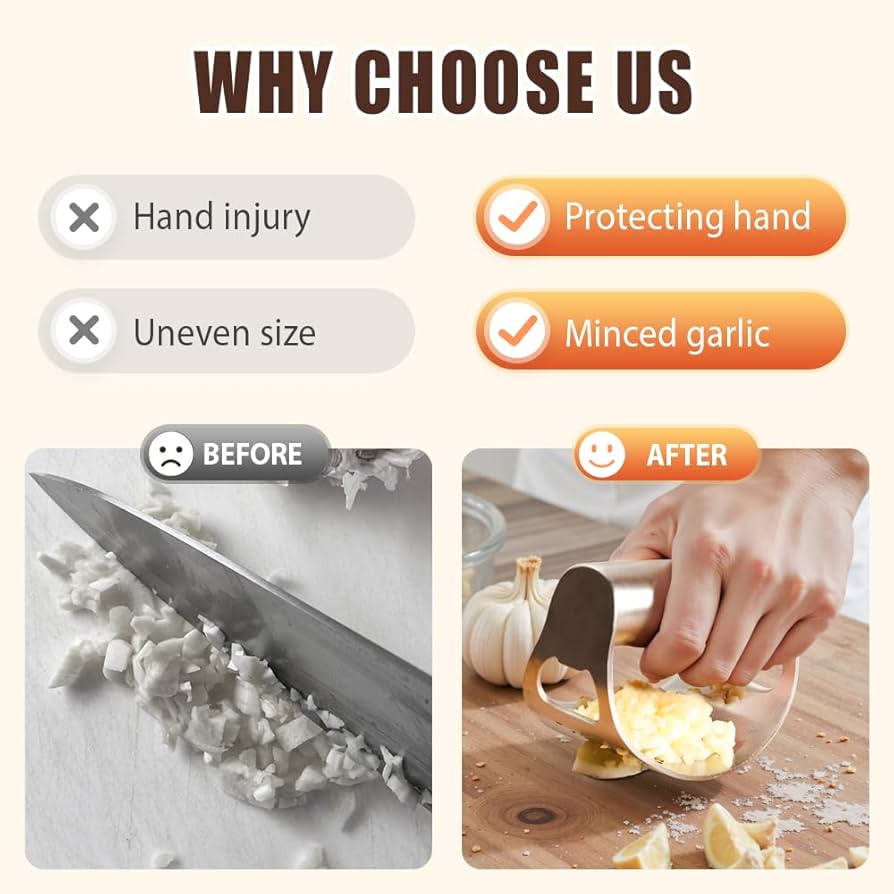 Problems Solved stainless steel garlic press rocker with ergonomic handle, designed for effortless mincing and crushing garlic cloves.