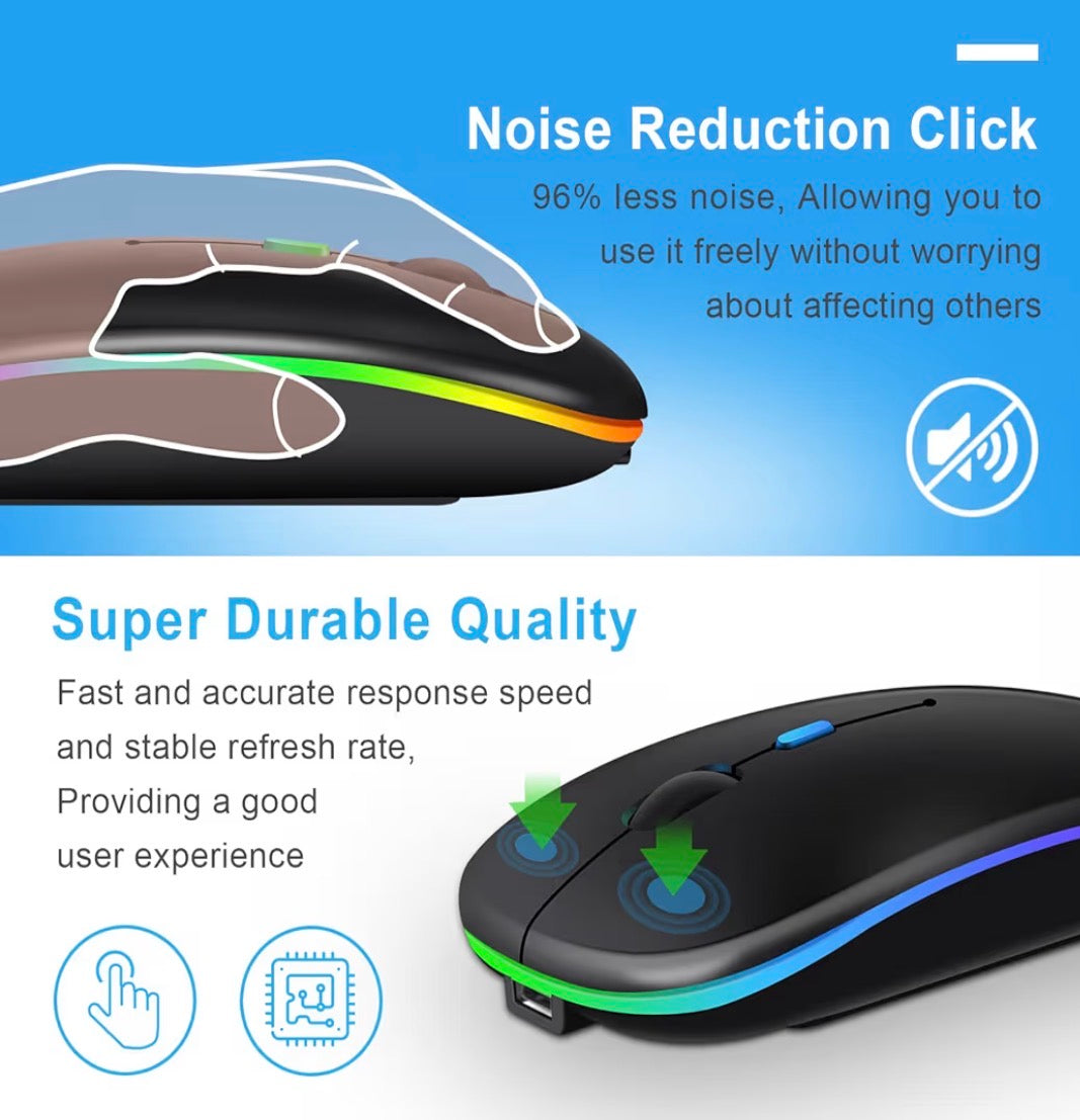 Problems Solved wireless Bluetooth laptop mouse with rechargeable battery, 2.4GHz connection, compact design for computers.