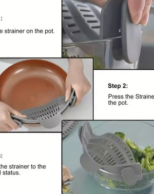 Problems Solved adjustable silicone clip-on drainer attached to a pot for easy drying of pots, pans, and bowls.