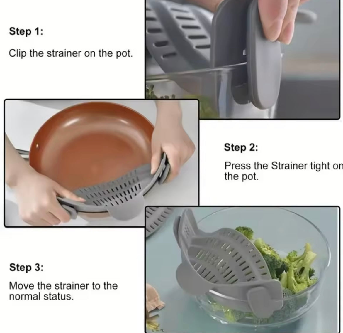 Problems Solved adjustable silicone clip-on drainer attached to a pot for easy drying of pots, pans, and bowls.