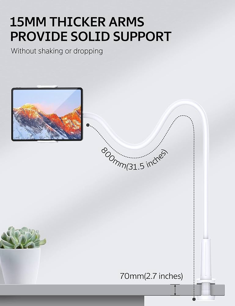 Problems Solved flexible tablet holder with 360-degree adjustable lazy arm stand for phones and tablets, shown in a versatile position.