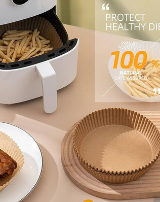 Set of 100 round disposable air fryer paper liners in 7.9-inch size from Problems Solved, designed for easy use and mess-free cooking