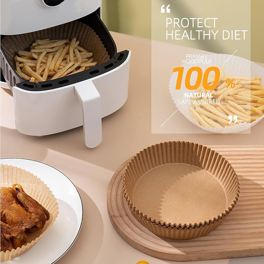 Set of 100 round disposable air fryer paper liners in 7.9-inch size from Problems Solved, designed for easy use and mess-free cooking