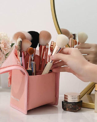 Problems Solved multifunctional makeup brush organizer bag with half-clear design, ideal for storing and carrying beauty brushes.