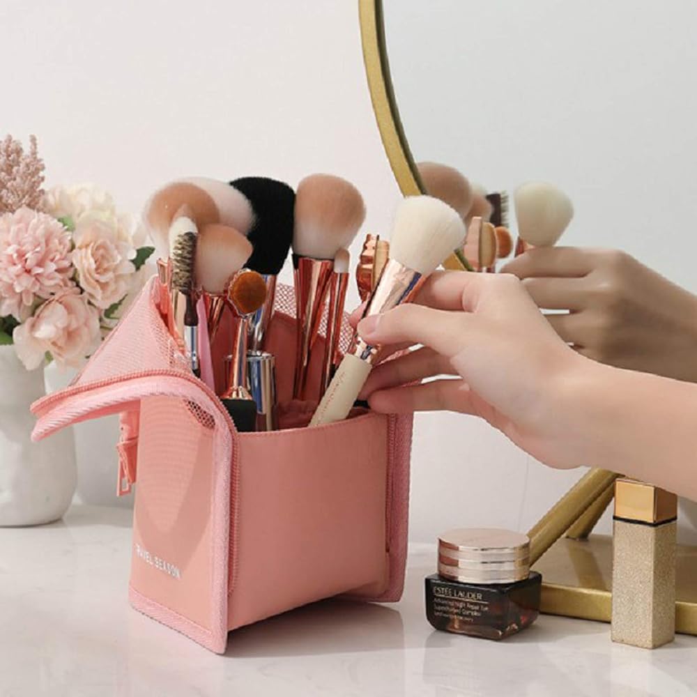 Problems Solved multifunctional makeup brush organizer bag with half-clear design, ideal for storing and carrying beauty brushes.