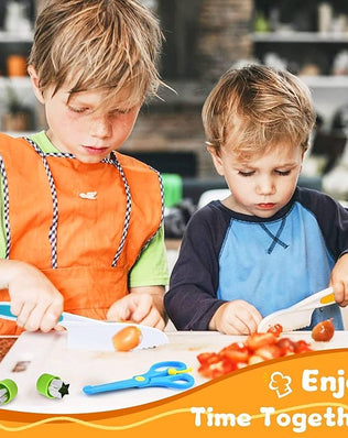 Kids knife set by Problems Solved, 17-piece safety kitchen knives for children, with colorful handles and realistic design for young chefs.